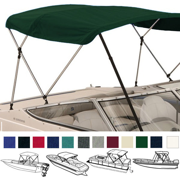 Boat with a green bimini top installed on it, showcasing different height options with color swatches shown below.