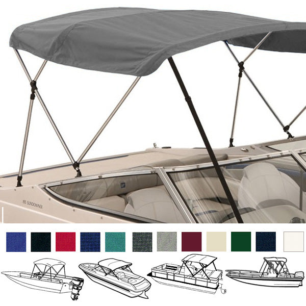 Boat with a gray bimini top installed on it, showcasing different height options with color swatches shown below.