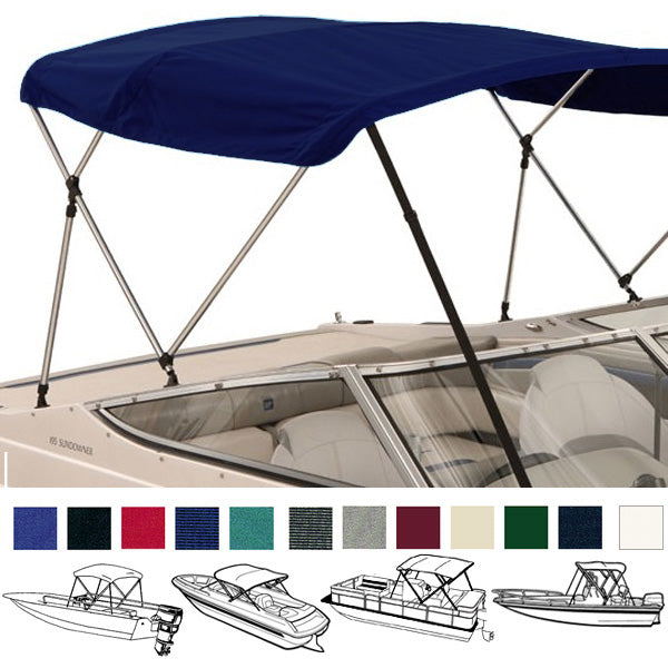 Boat with a navy bimini top installed on it, showcasing different height options with color swatches shown below.