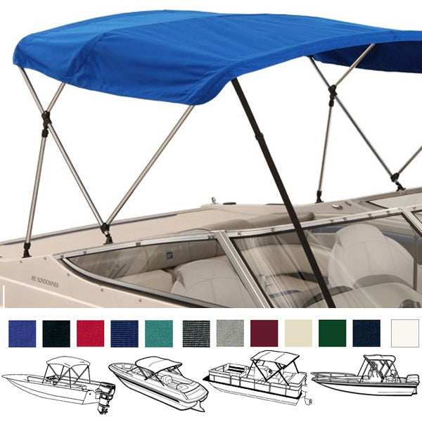 Boat with a blue bimini top installed on it, showcasing different height options with color swatches shown below.