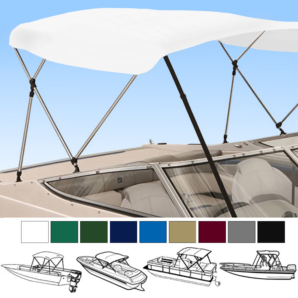 Boat with a white bimini top installed on it, showcasing different height options with color swatches shown below.