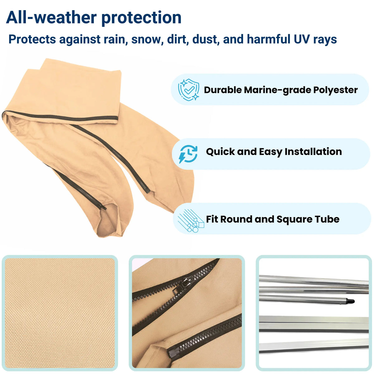 Durable beige protective boot cover with all-weather protection, quick installation, and fits both round and square tubes.