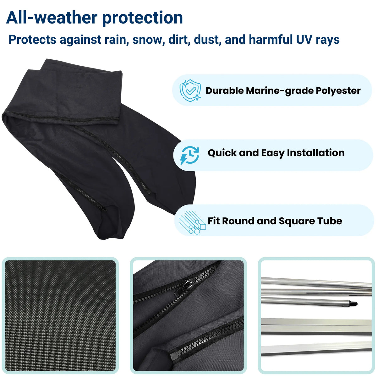 Durable black protective cover with all-weather protection, quick installation, and fits both round and square tubes.