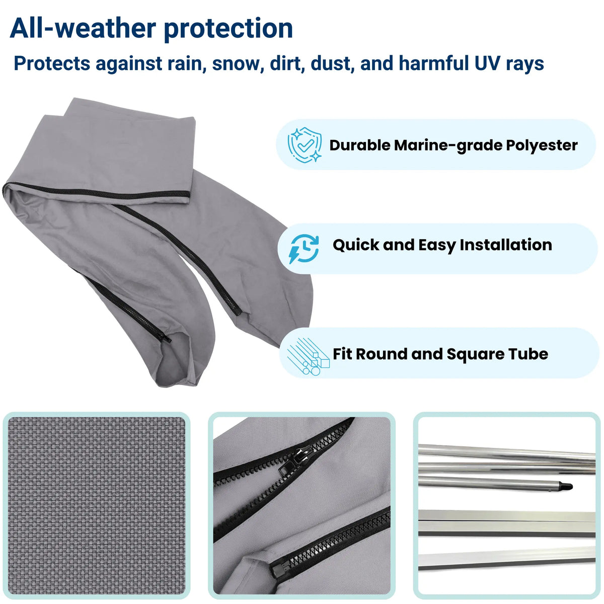 Durable gray protective cover with all-weather protection, quick installation, and fits both round and square tubes.