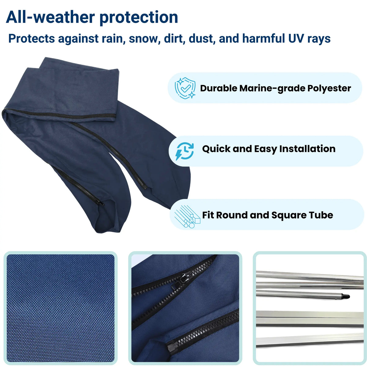 Durable navy protective boot cover with all-weather protection, quick installation, and fits both round and square tubes.
