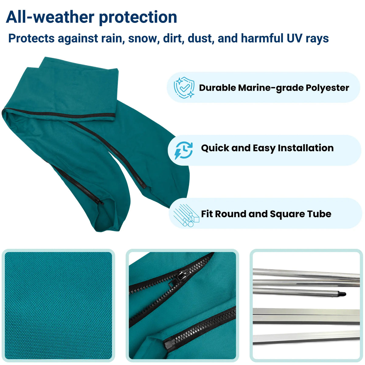 Durable teal protective cover with all-weather protection, quick installation, and fits both round and square tubes.