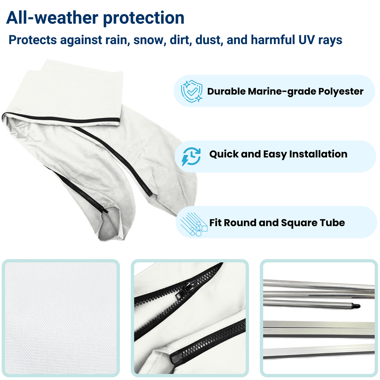 Durable white protective bimini top boot cover with all-weather protection, quick installation, and fits both round and square tubes.
