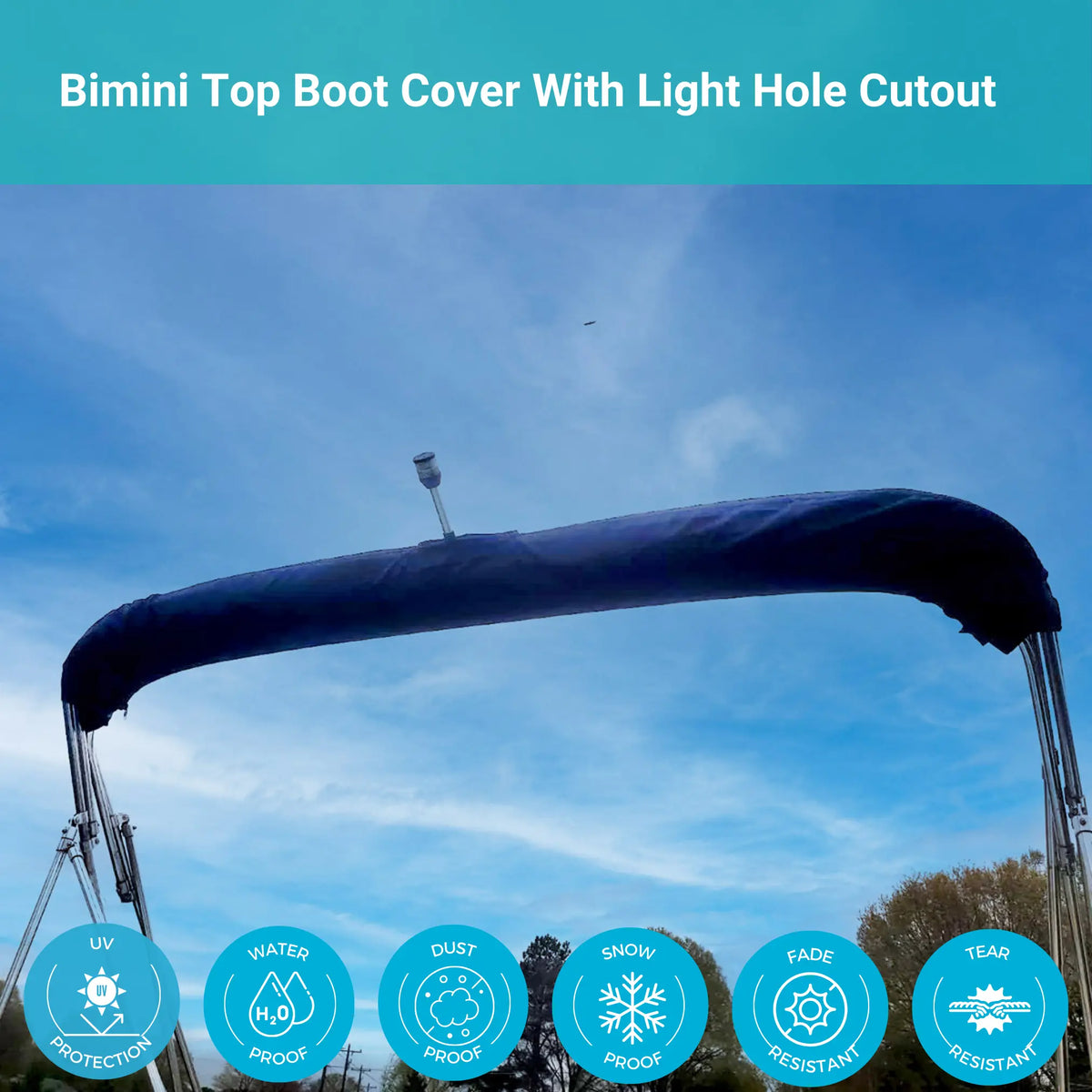 Bimini top boot cover with light hole cutout for stern light on a boat against a blue sky.