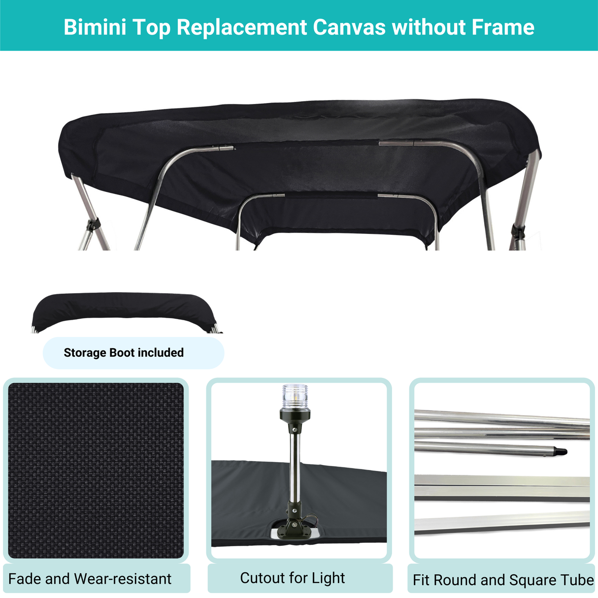 Black Bimini top replacement canvas include storage boot, both with cutout for light, featuring fade and wear-resistant material.