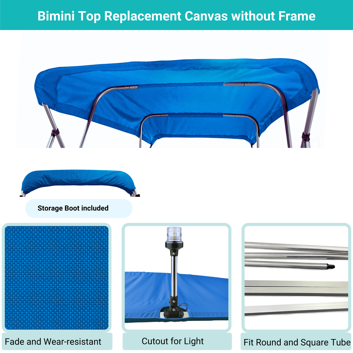 Blue Bimini top replacement canvas include storage boot, both with cutout for light, featuring fade and wear-resistant material.