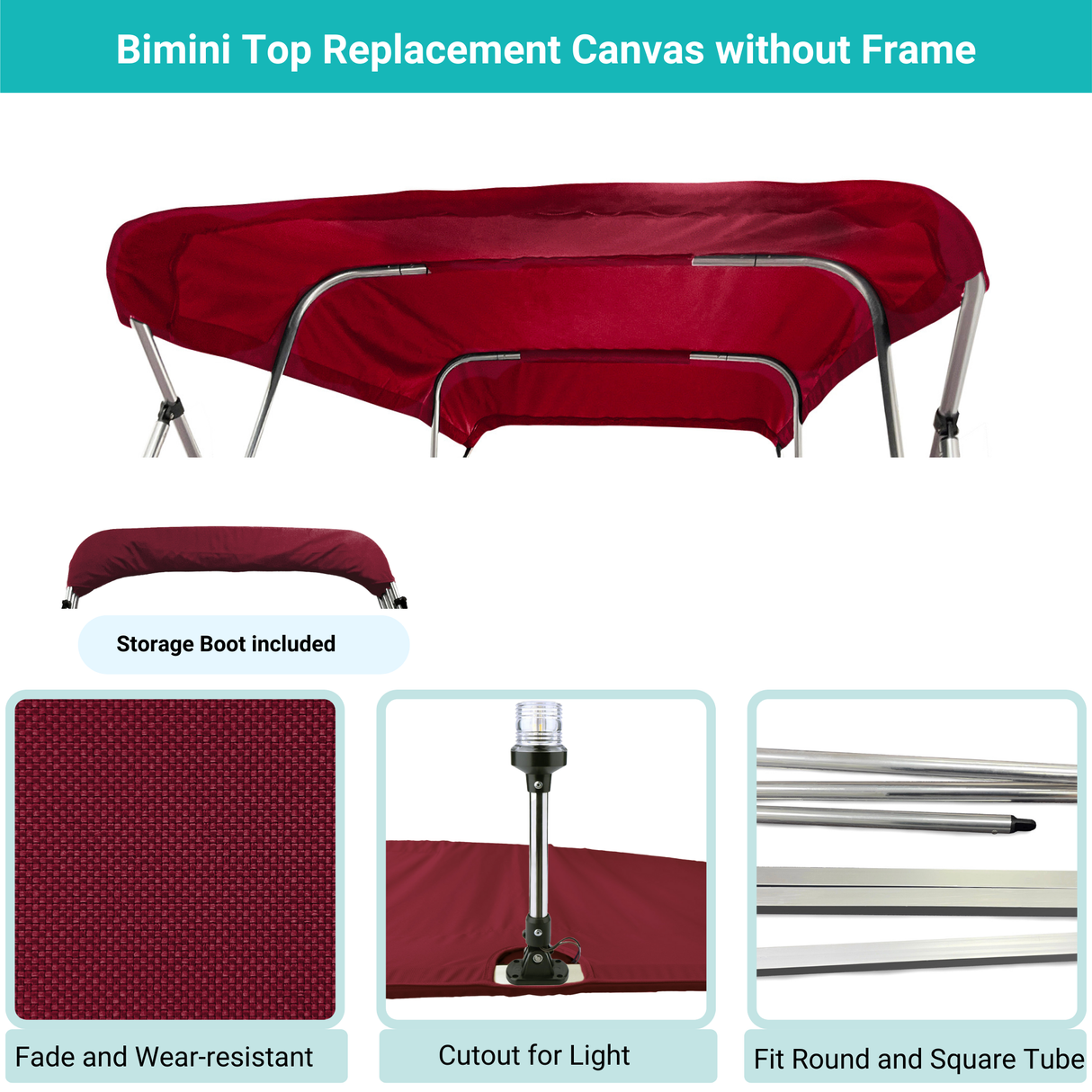 Burgundy Bimini top replacement canvas include storage boot, both with cutout for light, featuring fade and wear-resistant material.