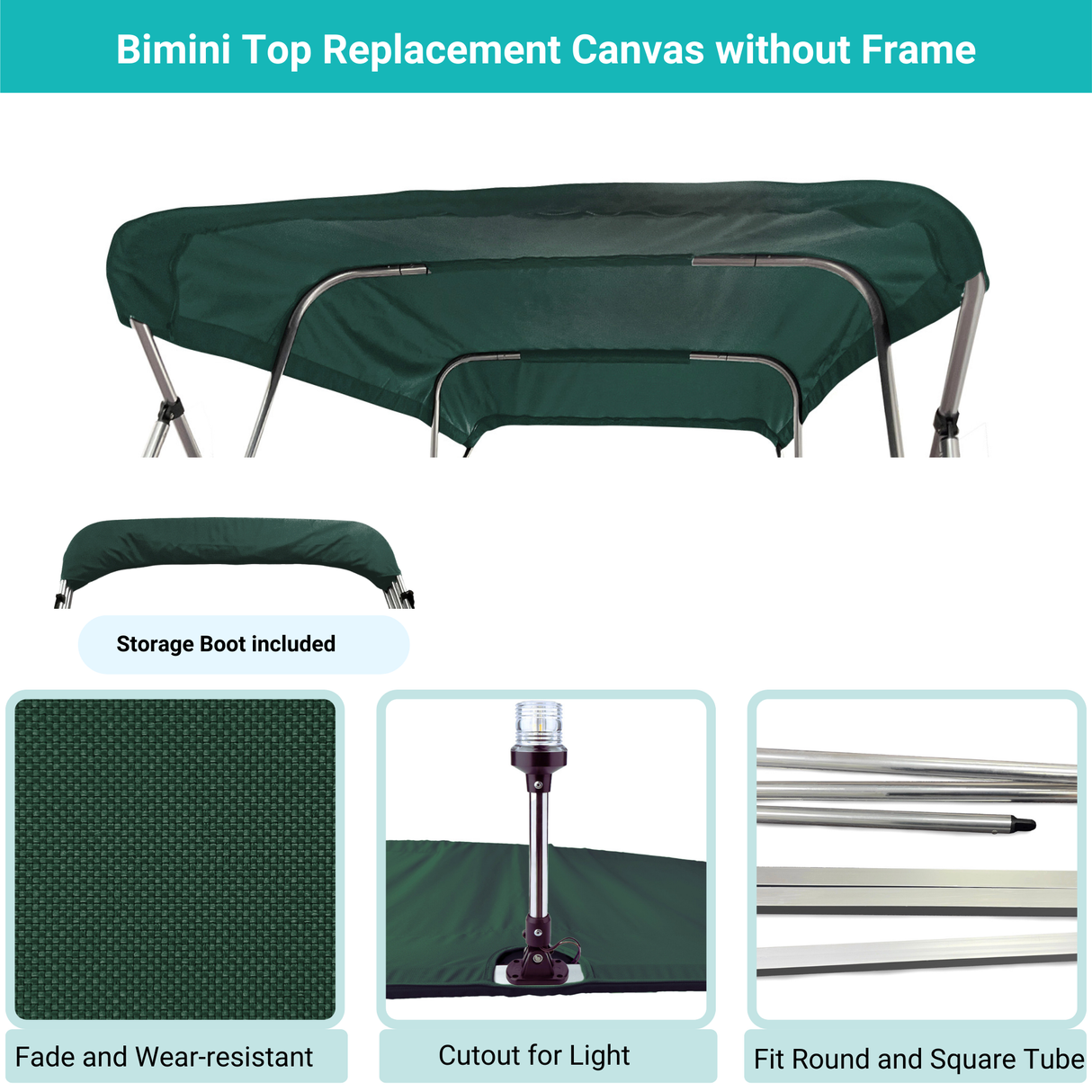 Green Bimini top replacement canvas include storage boot, both with cutout for light, featuring fade and wear-resistant material.