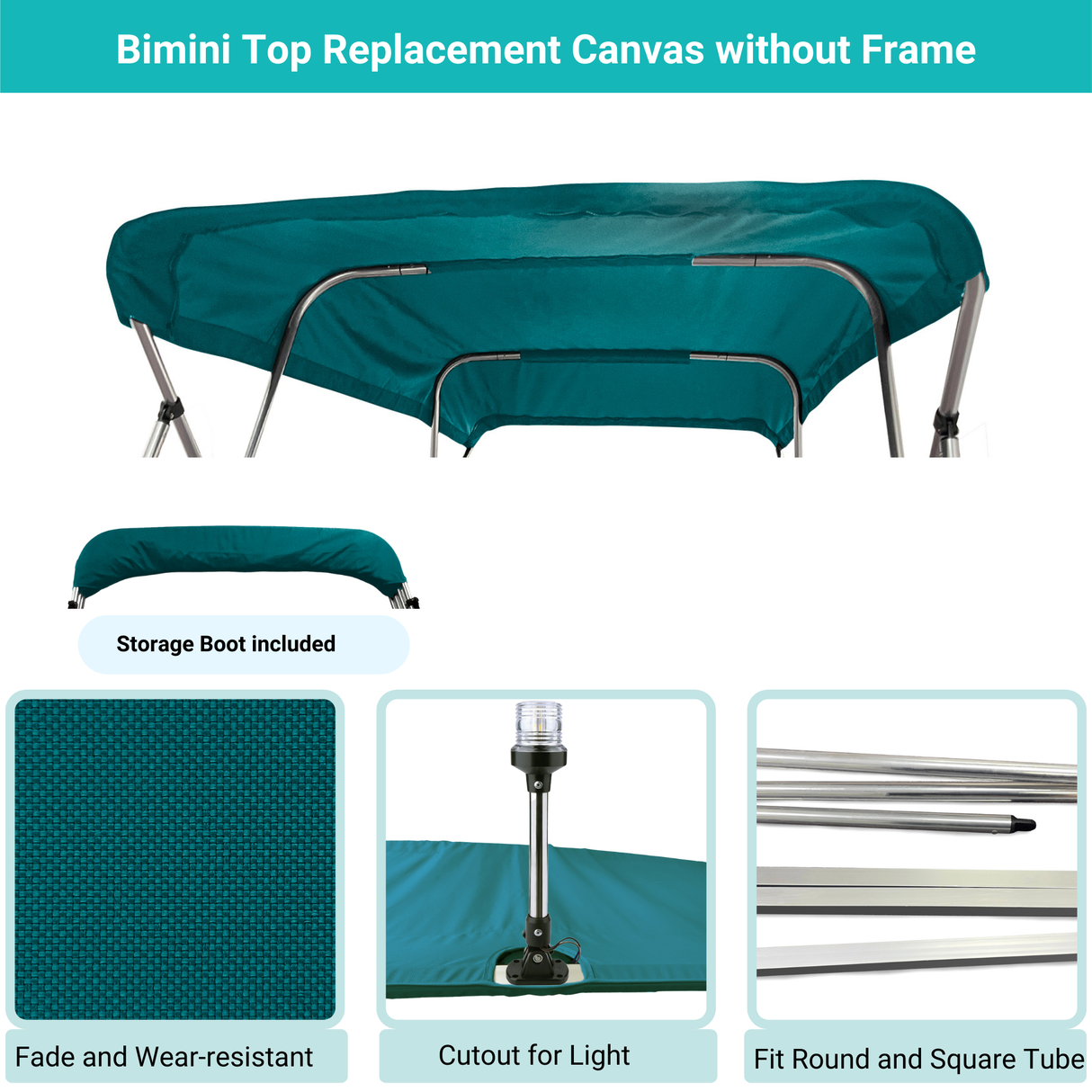 Teal Bimini top replacement canvas include storage boot, both with cutout for light, featuring fade and wear-resistant material.