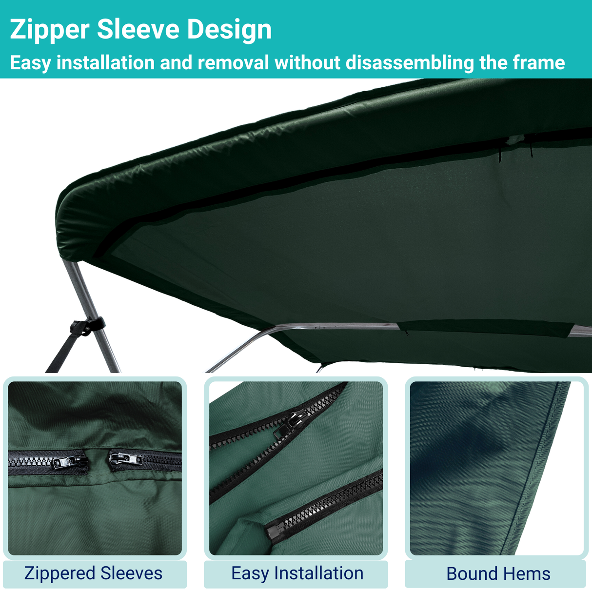 Green replacement canvas with durable marine polyester canvas, featuring bound hems and zipper sleeves for easy setup.