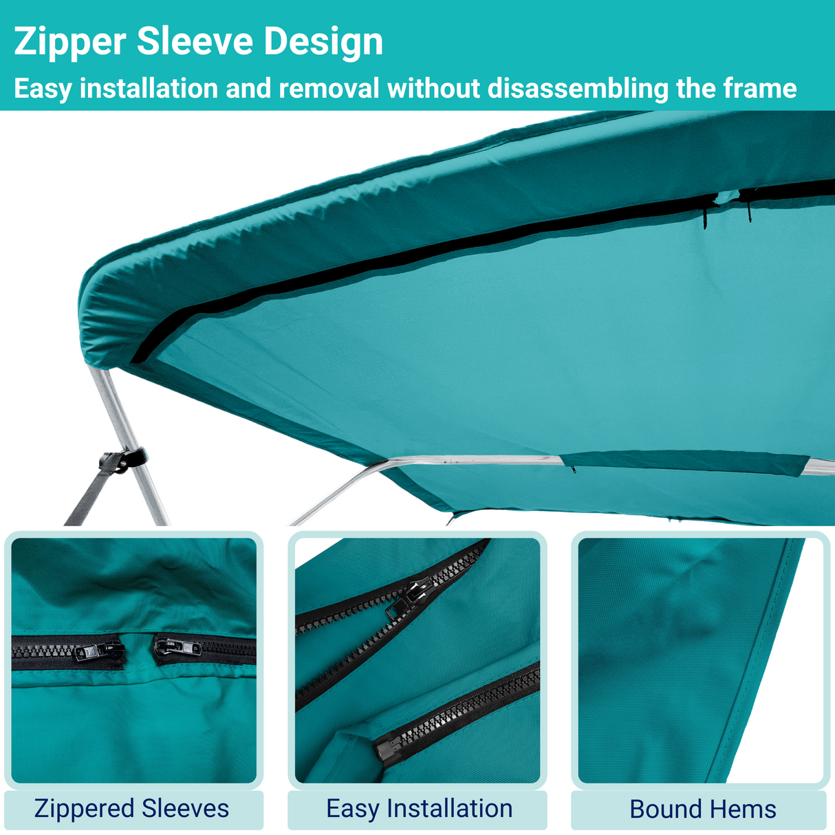 Teal replacement canvas with durable marine polyester canvas, featuring bound hems and zipper sleeves for easy setup.