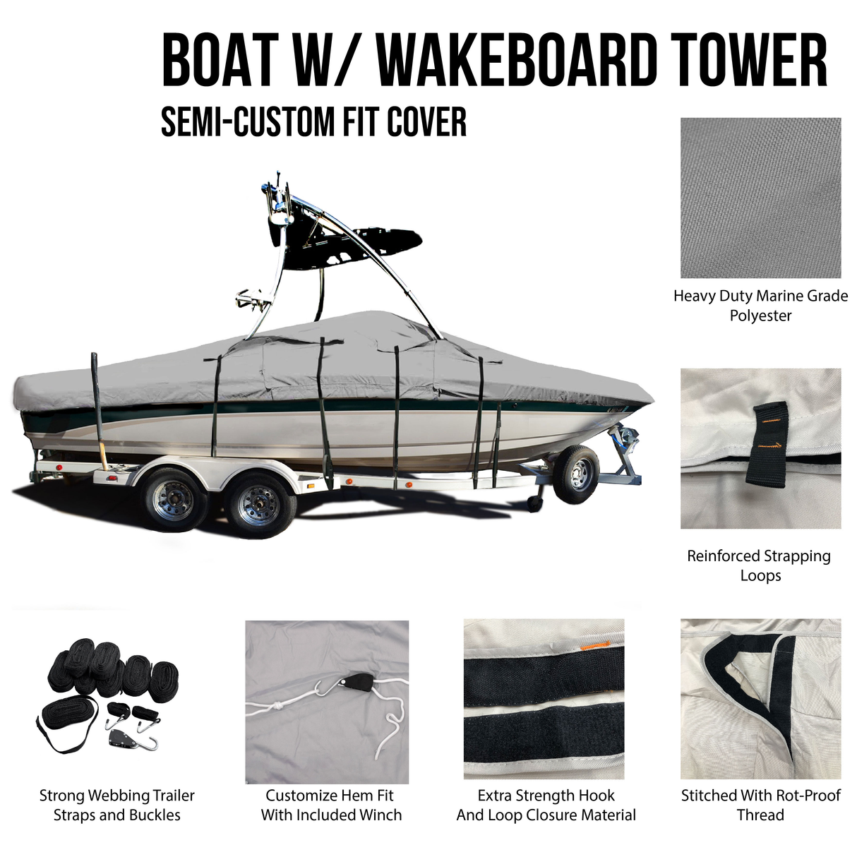 Savvycraft 600D Ski & Wakeboard Tower Boat Covers Fits V-Hull with Ski/Wakeboard Towers