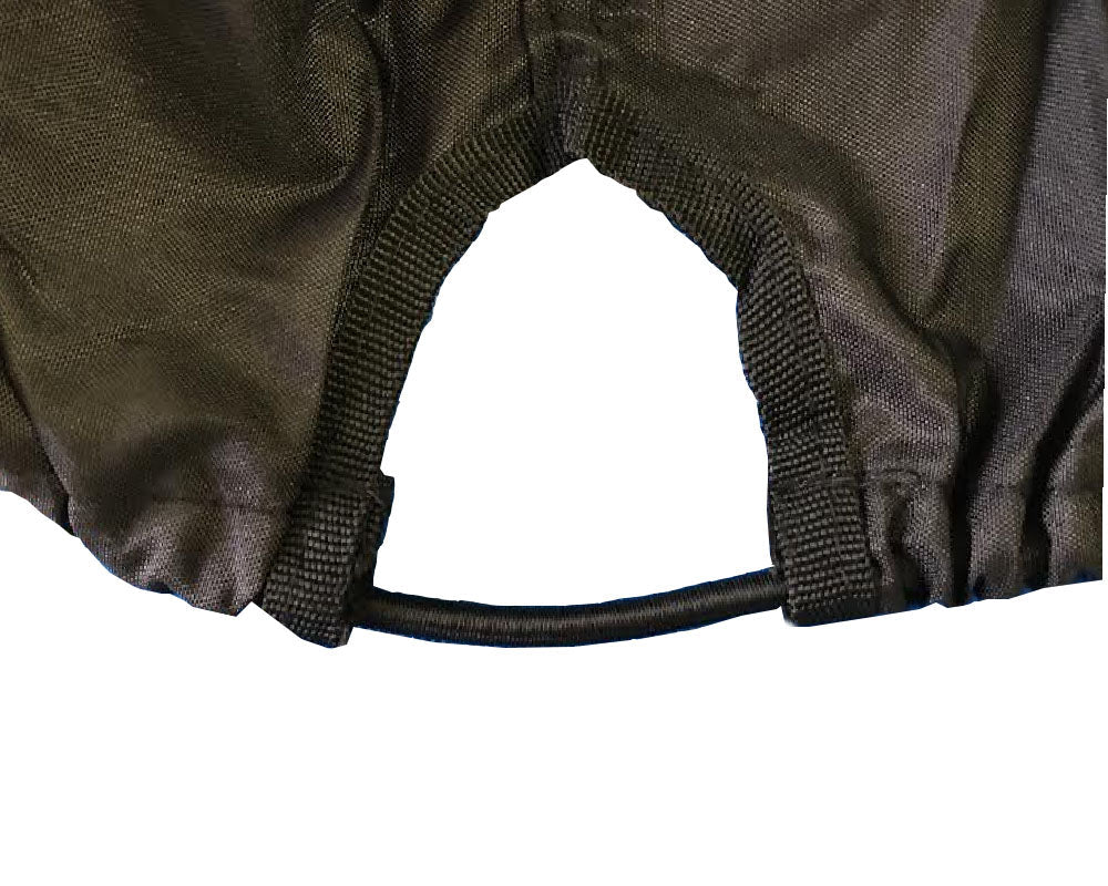 Close-up of front hitch opening on a black vehicle cover, allowing the hitch to remain accessible while the cover is installed for convenient towing and secure fit.