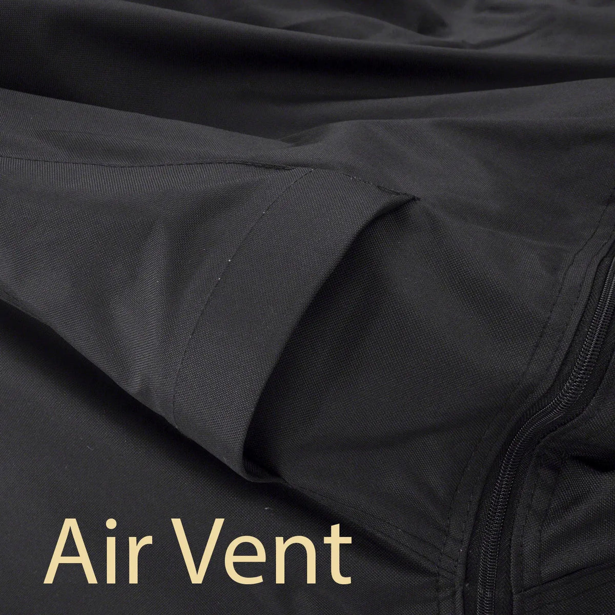 Detailed close up of black air vent made from high-density woven polyester that reduce condensation, prevent moisture buildup, and minimize wind lofting.