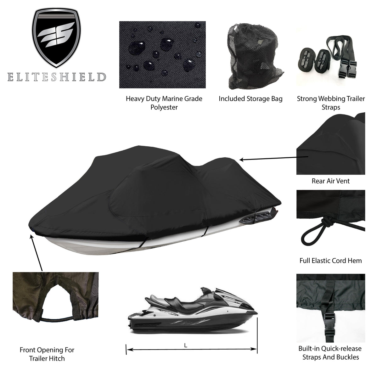 TitanShield Jet Ski Covers black color detail features include front opening hitch, dual air vents, release buckles and built-in loops work seamlessly with straps and buckles , full elastic code around hem, and a storage bag