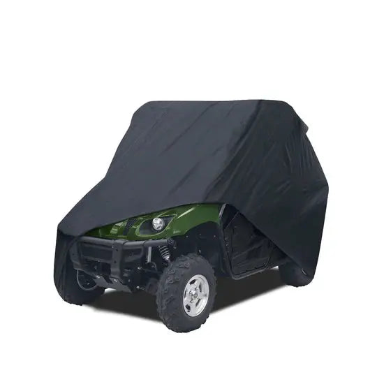 High quality black UTV cover made from high-density woven polyester, for providing all-weather protection.