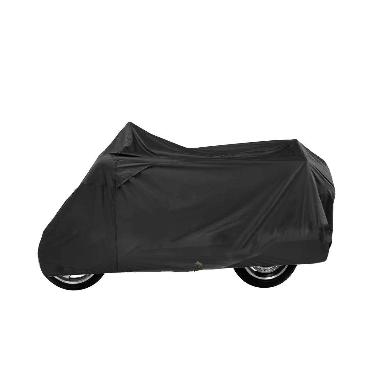Black scooter cover made with durable heavy-duty polyester fabric completely covering motorcycle.