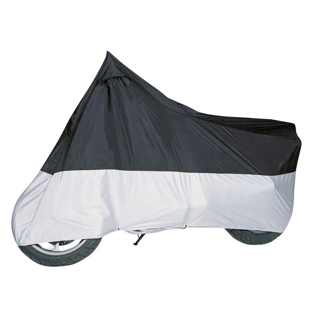 Motorcycle cover with black top and white bottom on a white background