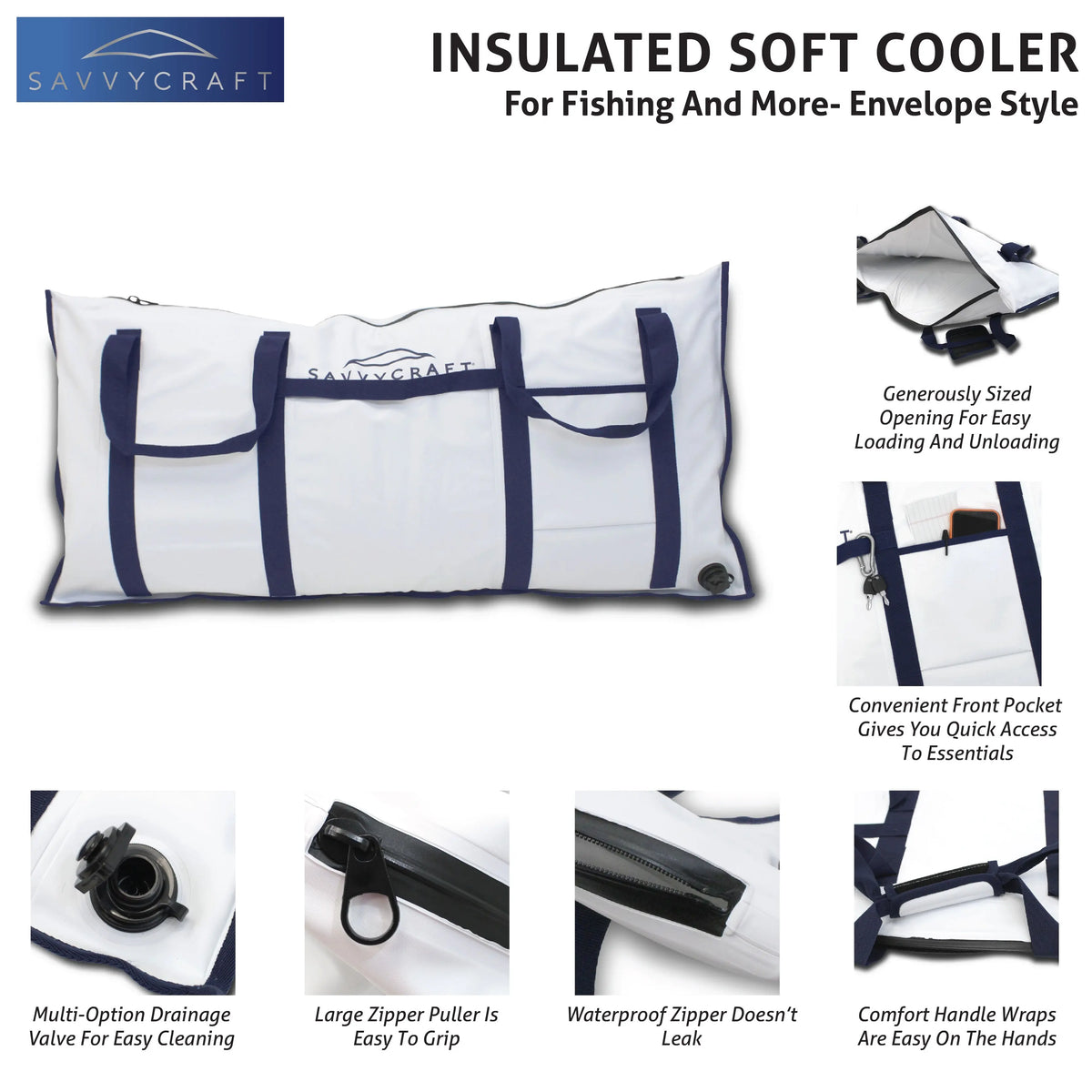SavvyCraft Insulated Soft Cooler highlighting key features: waterproof leakproof zipper, multi-option drainage valve for easy cleaning, comfort handle wraps, and a convenient front pocket for essentials