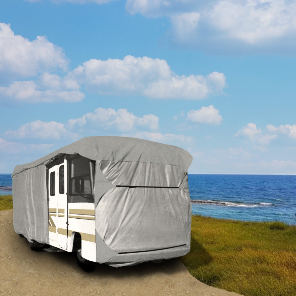 Another picture of the Elite Premium Class A RV Cover installed on a Class A RV.