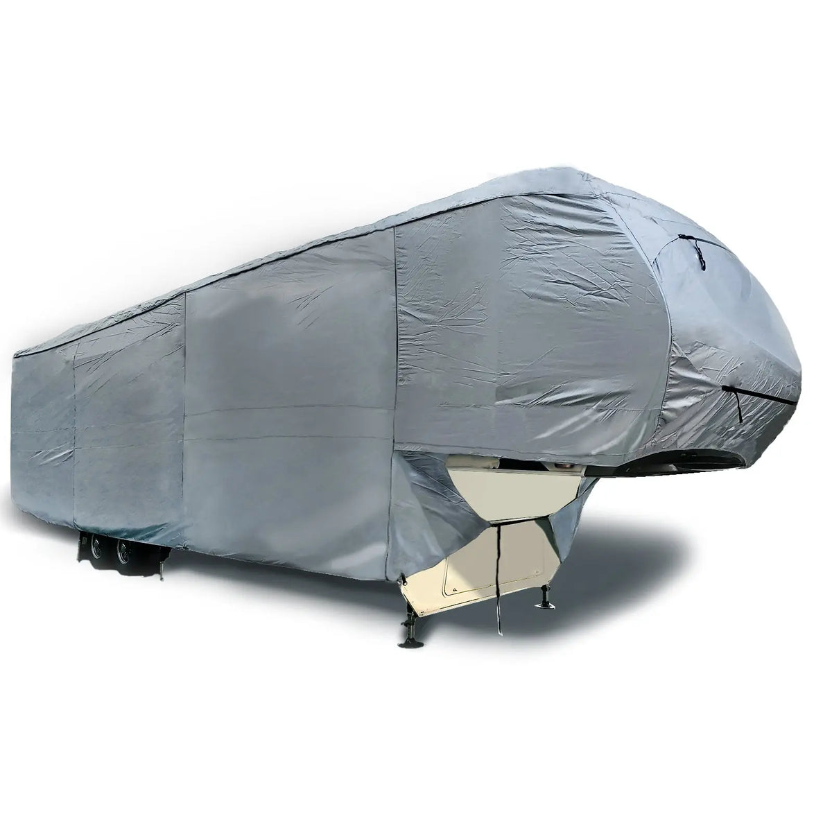Silver fifth-wheel trailer cover featuring zipper access to the passenger door and a tension panel for a secure fit.