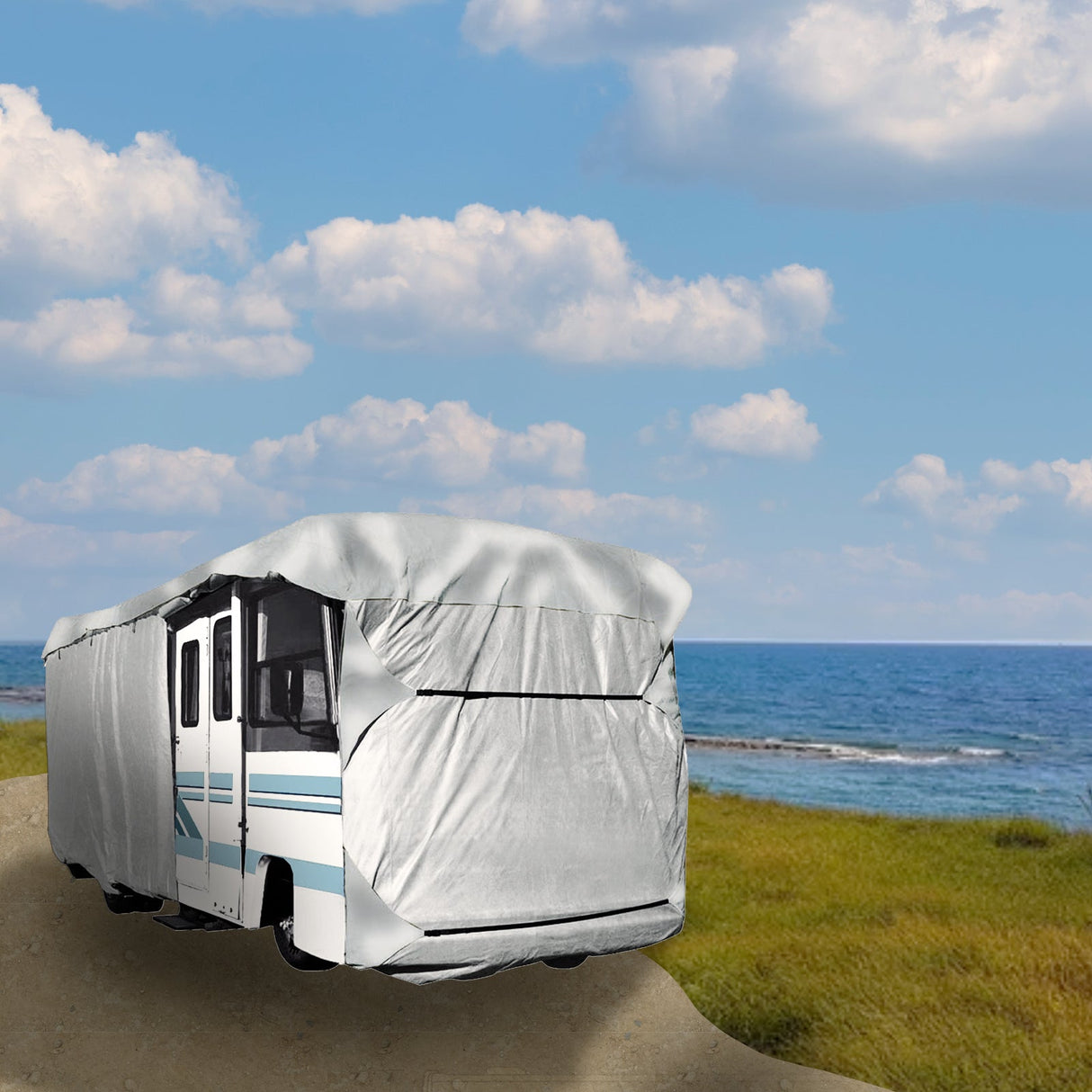 Lifestyle image of a silver cover on a Class A motorhome RV.