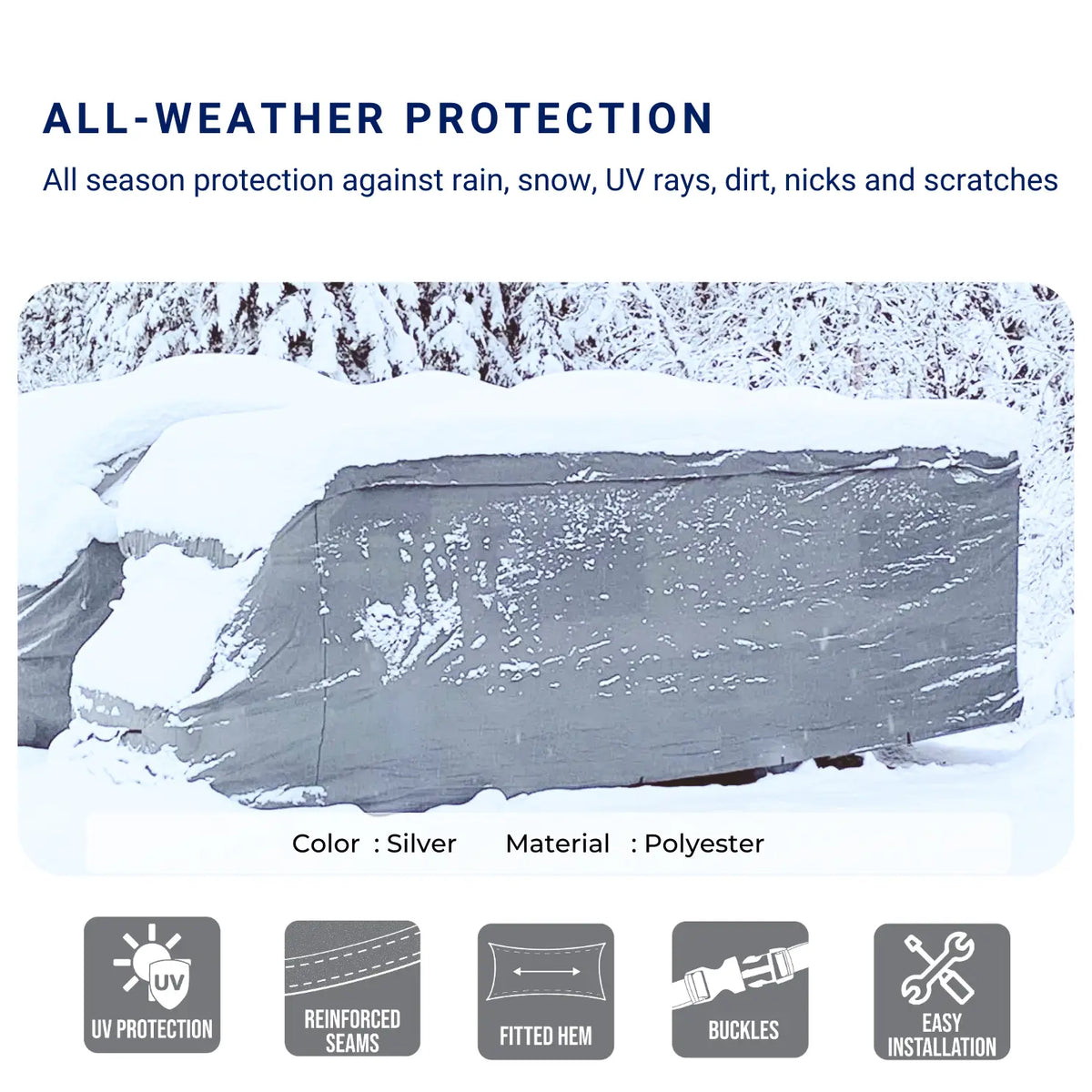 Lifestyle image of a silver cover on a Class C motorhome RV, showing all-weather protection.
