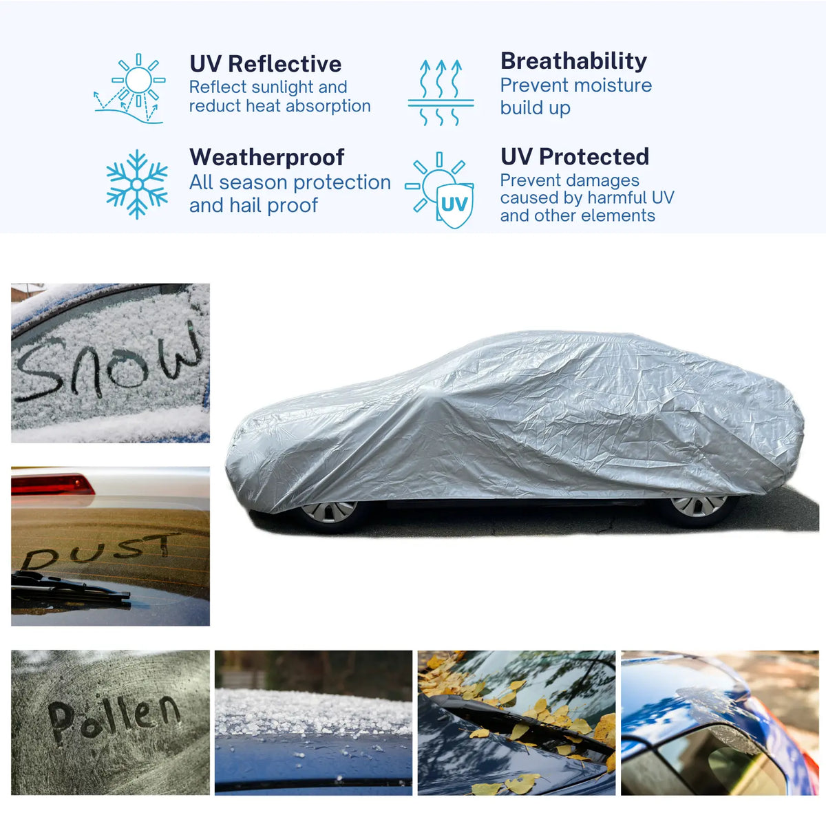 Cover with UV-reflective, weatherproof, breathable fabric to protect against dust, dirt, scratches, and sun.