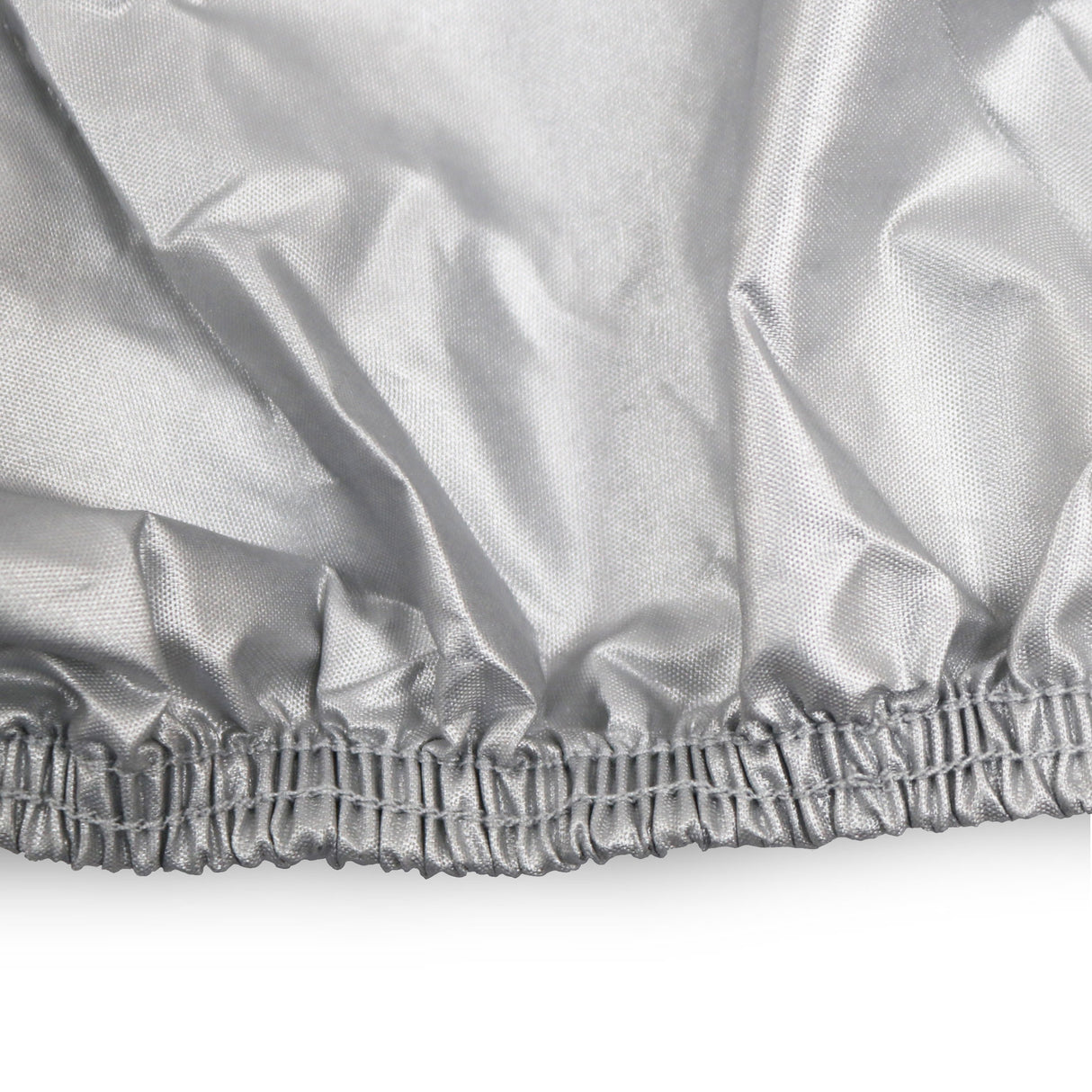 Detail view of SAVVYCRAFT waterproof silver polyester fabric texture showing the reinforced elastic bottom hem for secure installation
