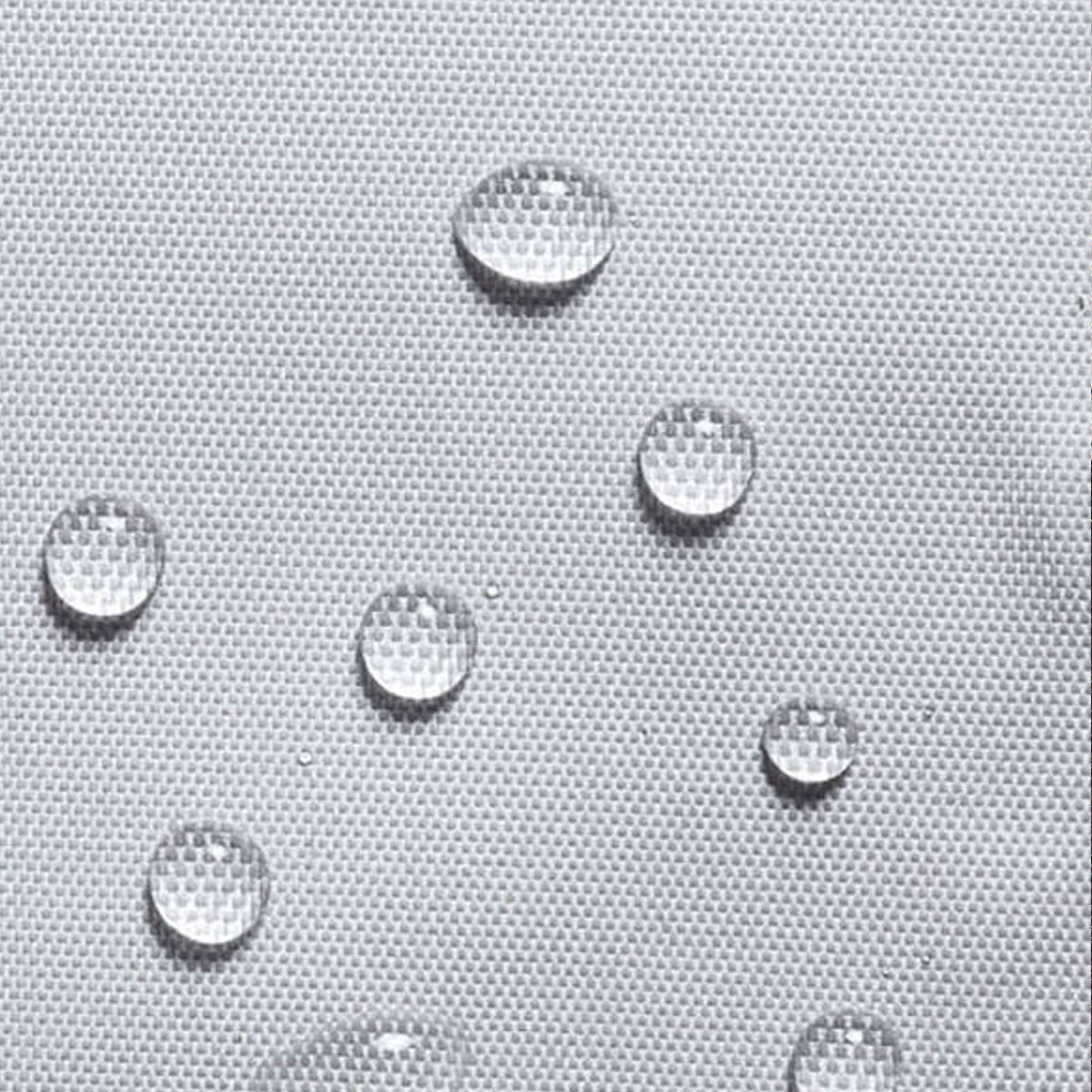 Silver color fabric with waterproof 300D polyester. Close up of water droplets on fabric.