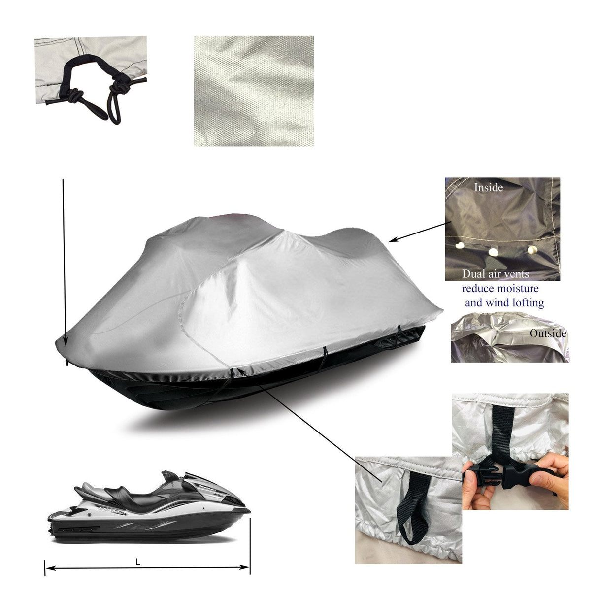 ArgentShield Jet Ski Covers silver color detail features include front opening hitch, dual air vents, release buckles and built-in loops that work seamlessly with straps and buckles.