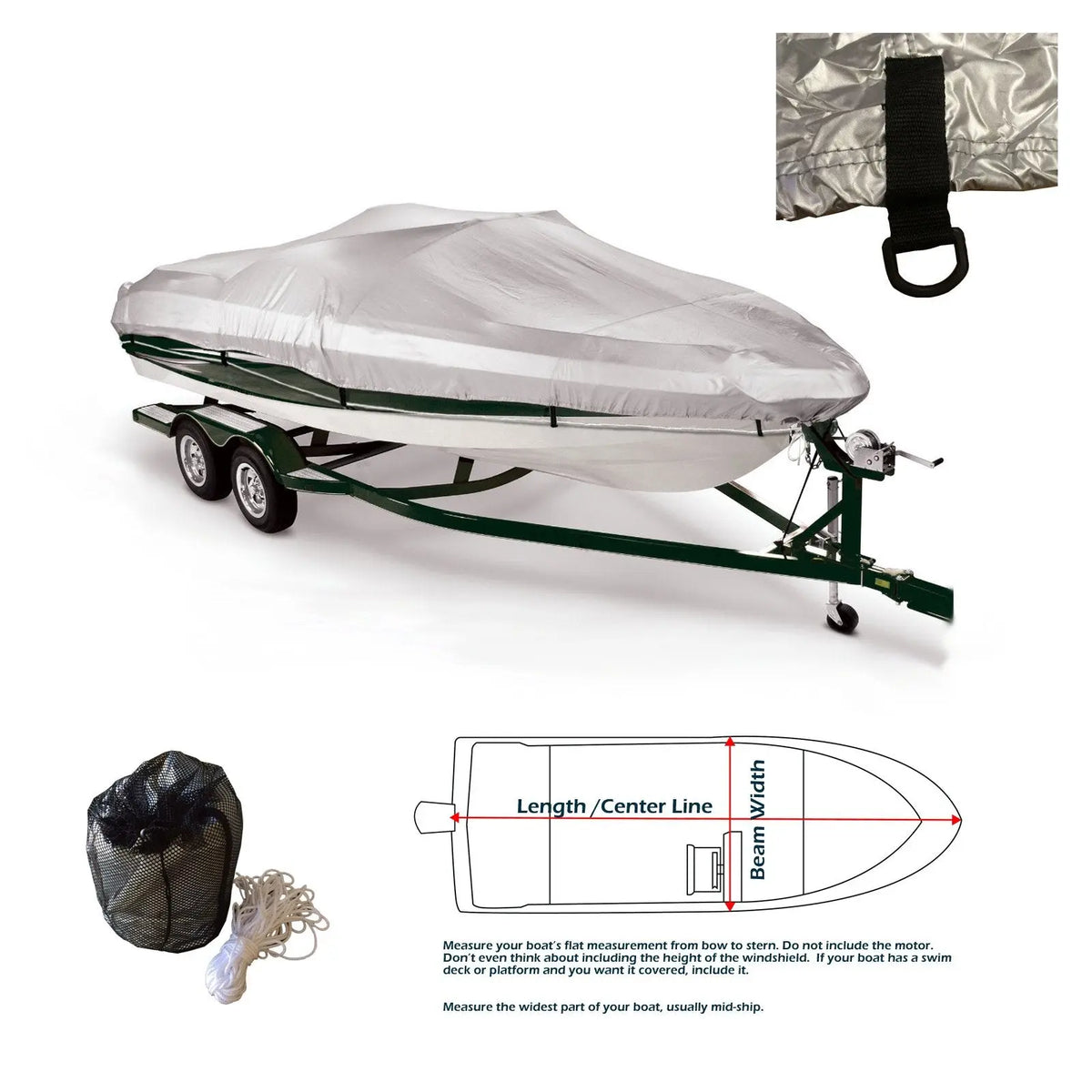 An image of the ArgentShield Boat Cover installed on a boat with a picture of the accessories that come with the cover at purchase.