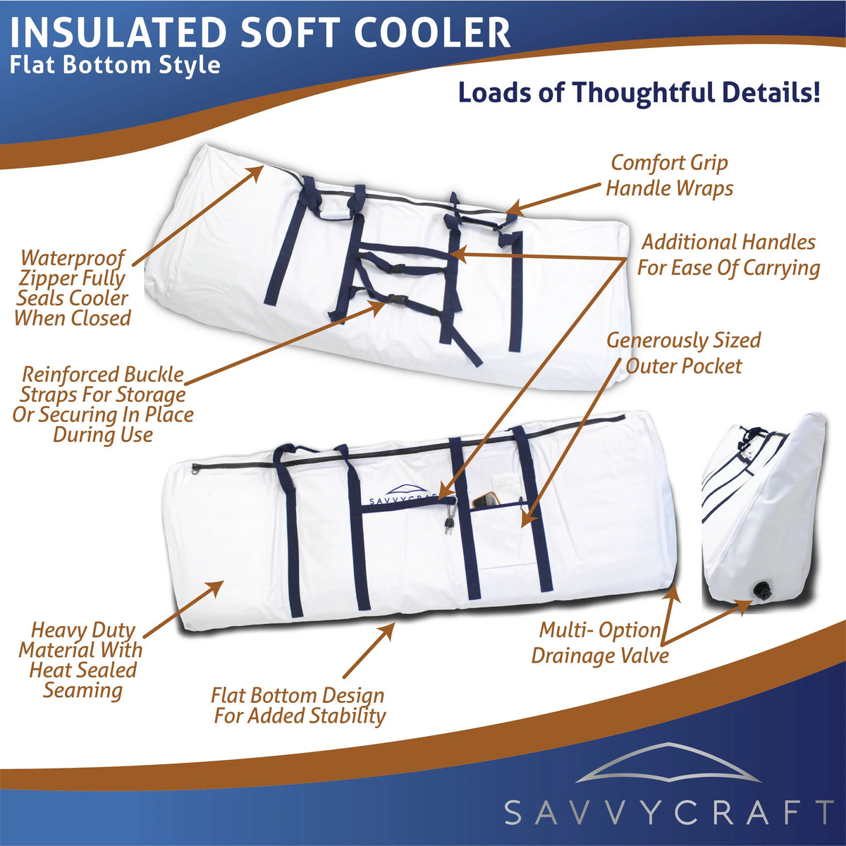 SavvyCraft Insulated Soft Cooler Flat Bottom Style showcasing key features: waterproof zipper seal, reinforced buckle straps for storage, heavy-duty material with heat-sealed seams, additional carry handles, and a multi-option drainage valve