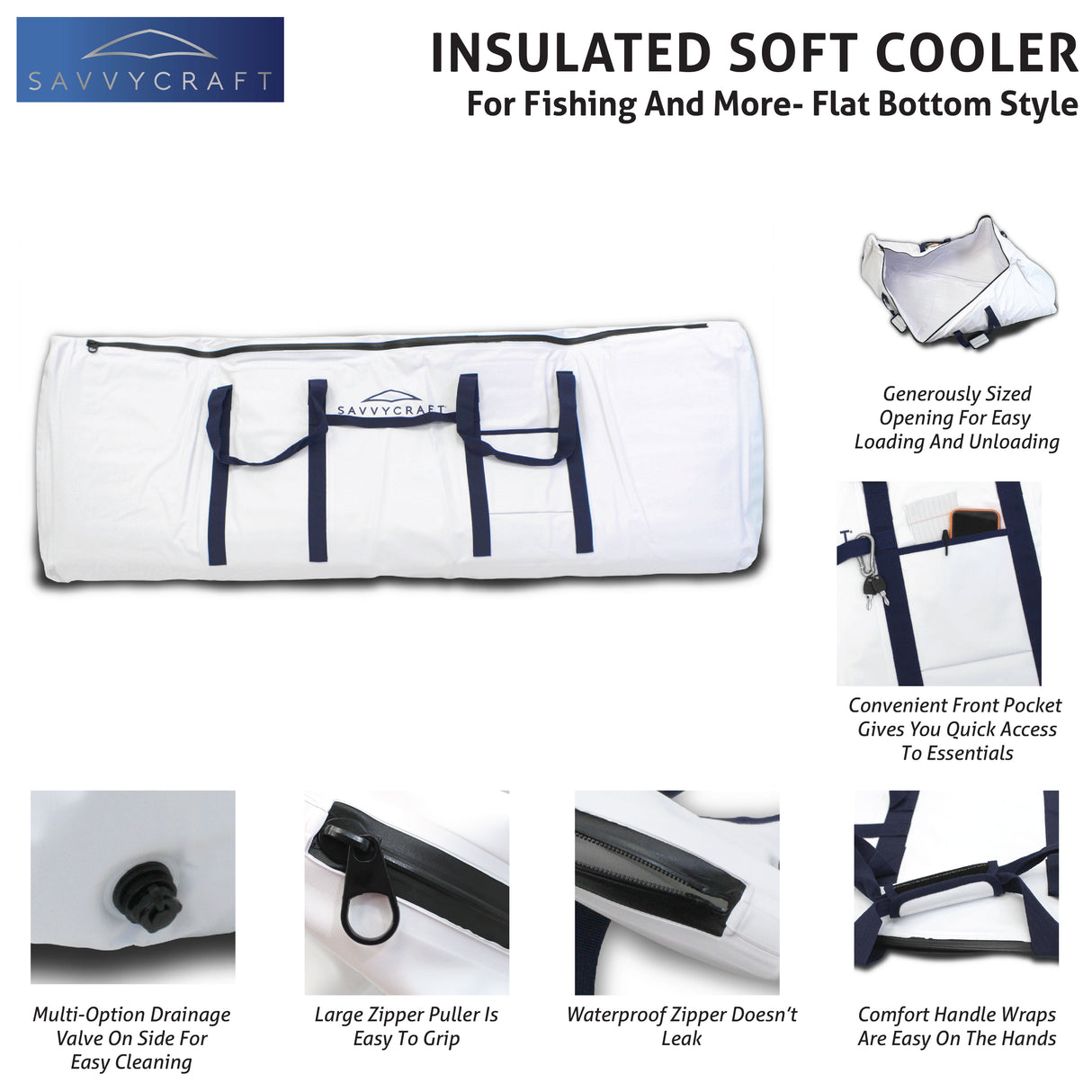 SavvyCraft Insulated Soft Cooler Flat Bottom Style highlighting key features: waterproof leakproof zipper, multi-option drainage valve for easy cleaning, comfort handle wraps, and a convenient front pocket for essentials