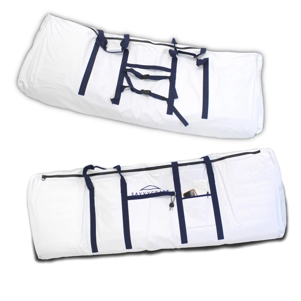 Dual-view of SavvyCraft Insulated Fish Kill Bag Flat Bottom Style showing compact roll-up storage mode with buckle straps and fully expanded use mode with front pocket