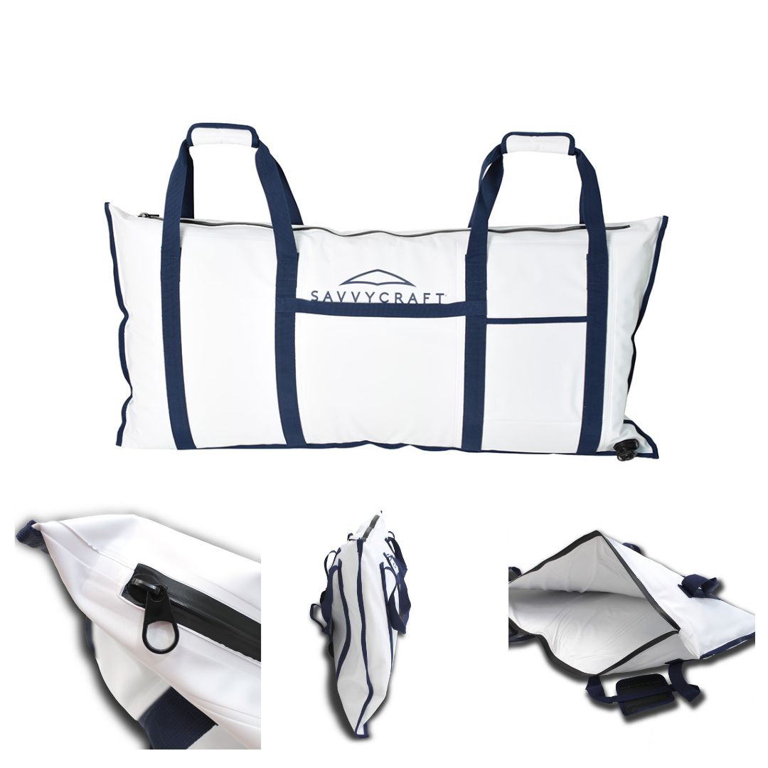 SavvyCraft fish kill bag with key features: leakproof zipper, reinforced blue webbing handles, easy-drain valve, and thick interior insulation for marine use