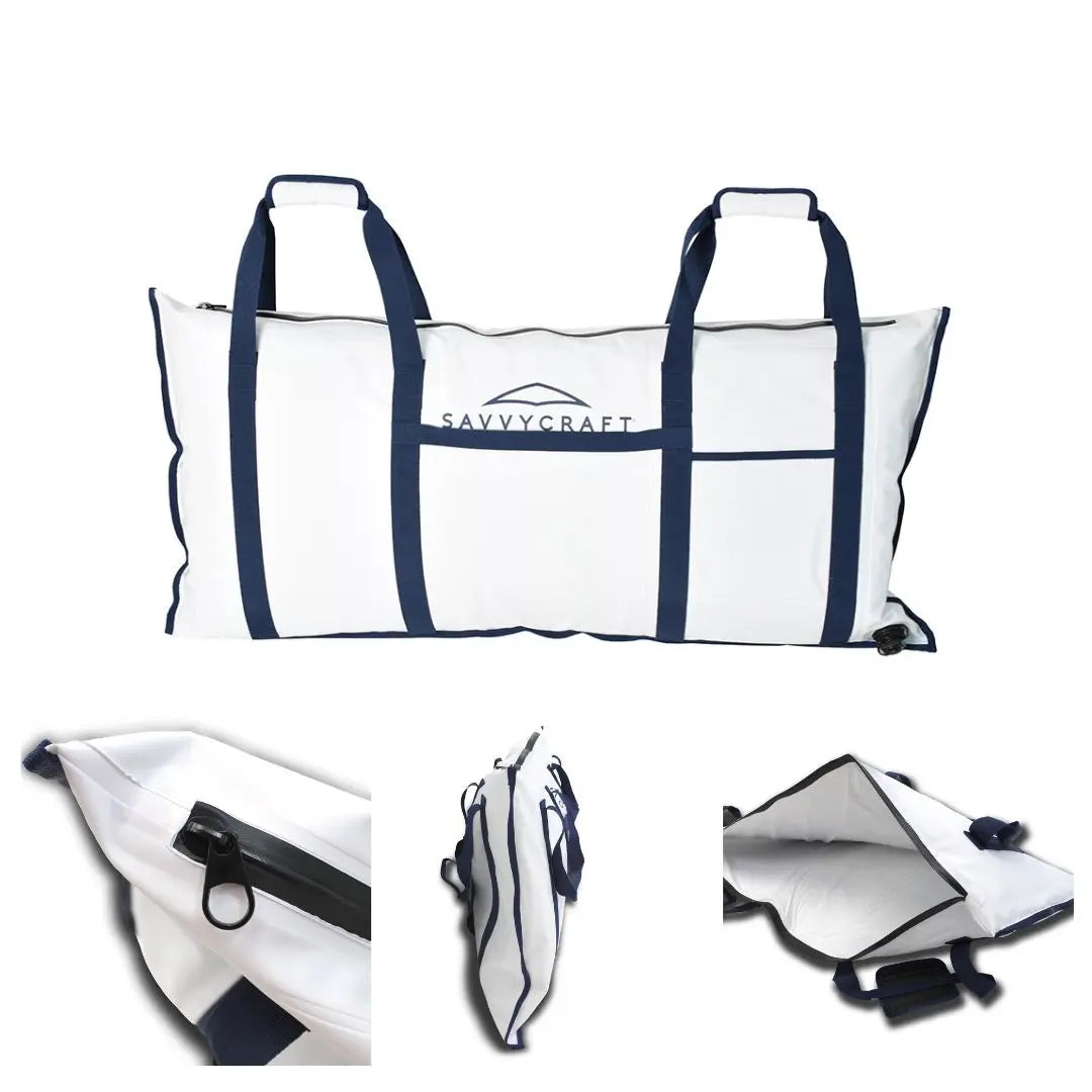 SavvyCraft fish kill bag with key features: leakproof zipper, reinforced blue webbing handles, easy-drain valve, and thick interior insulation for marine use