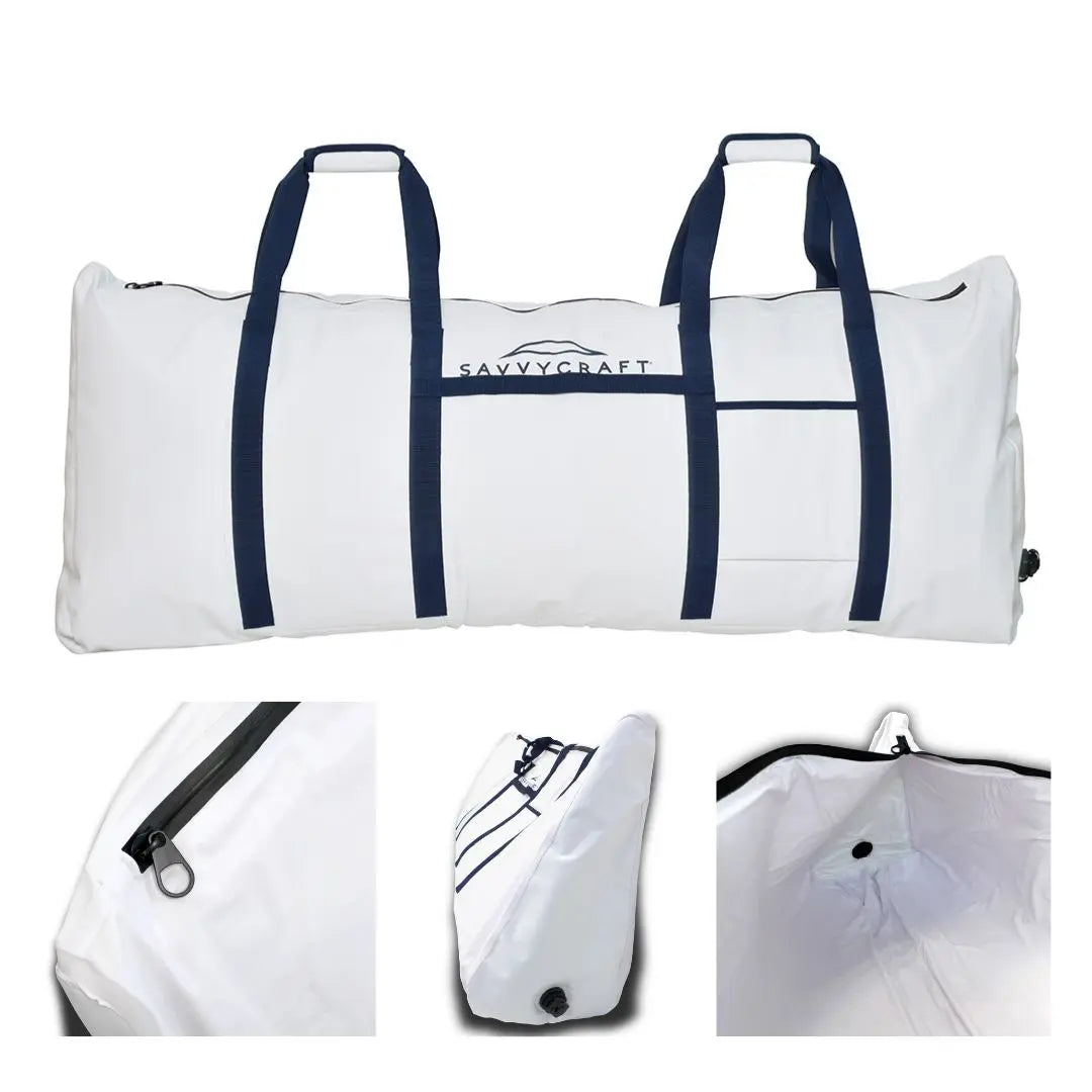 SavvyCraft flat bottom fish kill bag with key features: leakproof zipper, reinforced blue webbing handles, easy-drain valve, and thick interior insulation for marine use