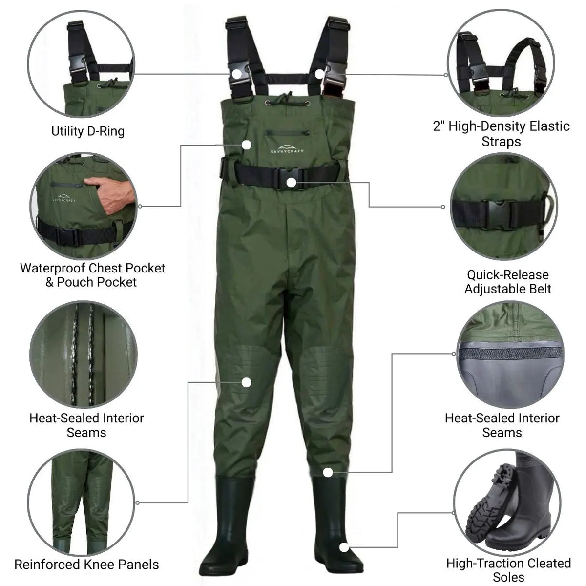 Infographic diagram of SavvyCraft green waterproof chest waders, highlighting key design details: utility D-ring, waterproof chest & pouch pocket, heat-sealed interior seams, reinforced knee panels, 2-inch high-density elastic straps, a quick-release adjustable belt, and high-traction cleated soles.