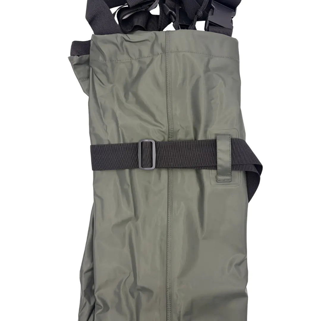 Close-up side profile view of SavvyCraft green waterproof chest waders, highlighting the adjustable black wading belt with a quick-release buckle and the heavy-duty 700D nylon fabric construction.