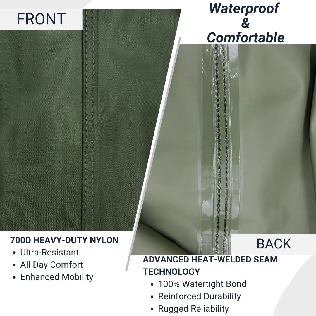 Material infographic for SavvyCraft chest waders showing side-by-side close-ups of the fabric. The front view highlights "700D Heavy-Duty Nylon" for ultra-resistance, all-day comfort, and enhanced mobility. The back view highlights "Advanced Heat-Welded Seam Technology" for a 100% watertight bond, reinforced durability, and rugged reliability.