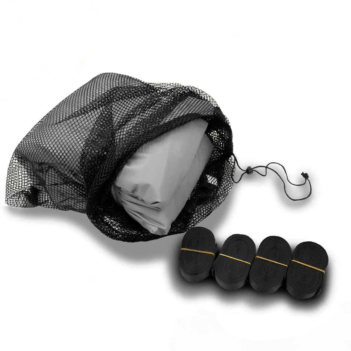 Included storage bag and trailering straps for inflatable boat cover