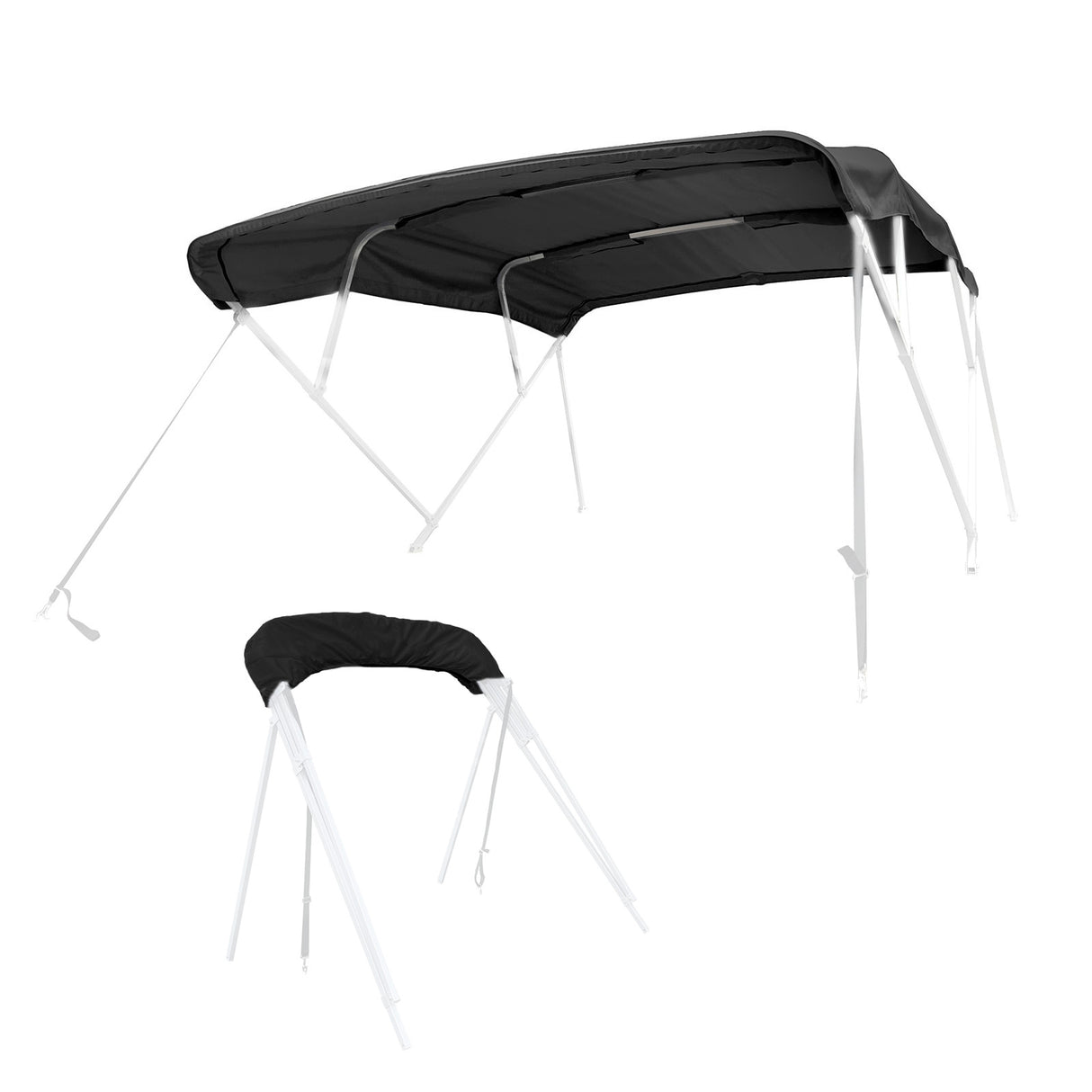 Black bimini top replacement canvas fitted on a bimini frame, shown from multiple angles, fully open and stored in a protective boot.