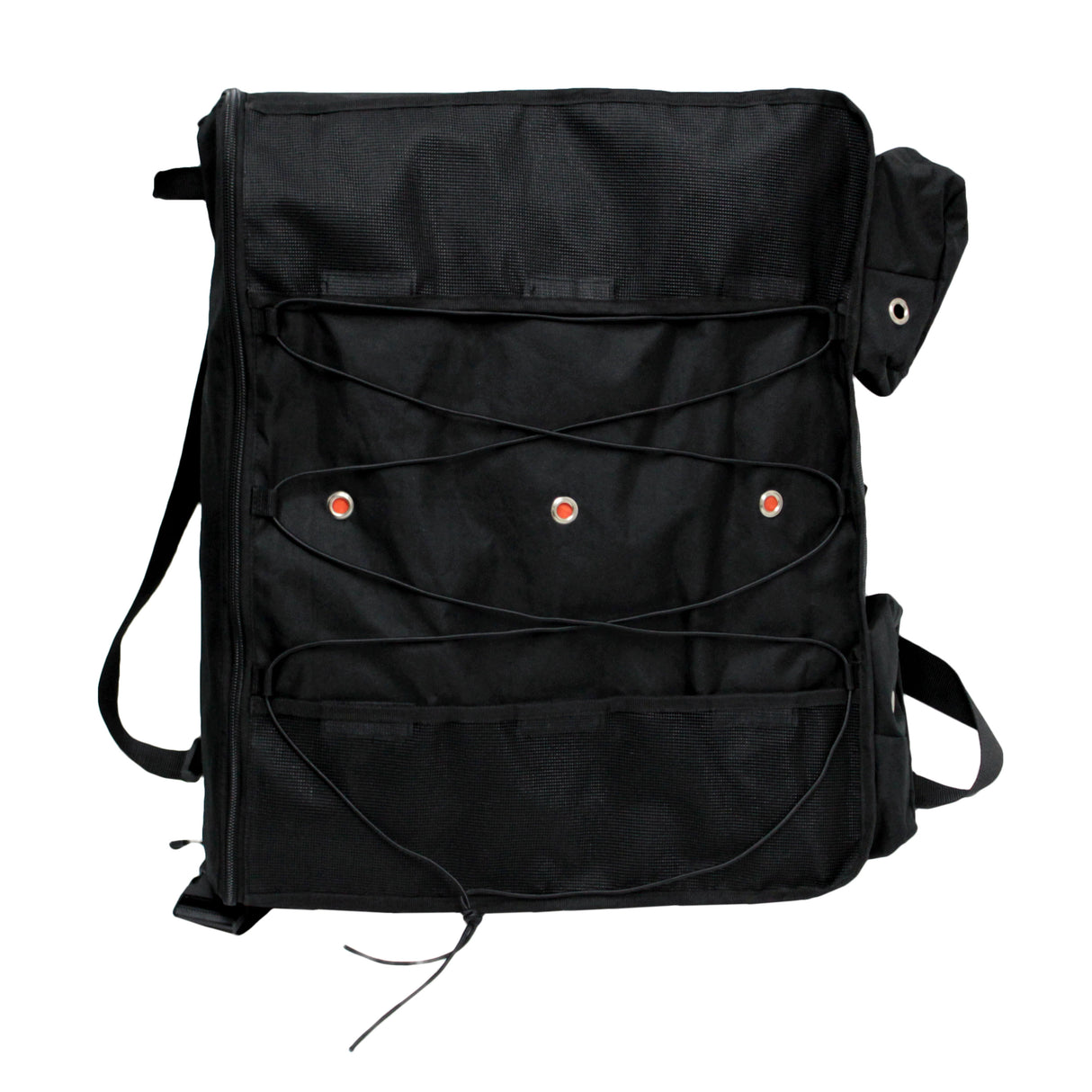 SavvyCraft black T-top boat life jacket storage bag, featuring a crisscross bungee cord system, ventilated mesh pockets, and side pouches for organizing marine gear