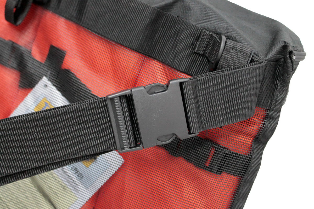 Close-up of heavy-duty quick-release buckle and adjustable webbing strap on the SavvyCraft T-top boat life jacket storage bag, ensuring a secure overhead fit