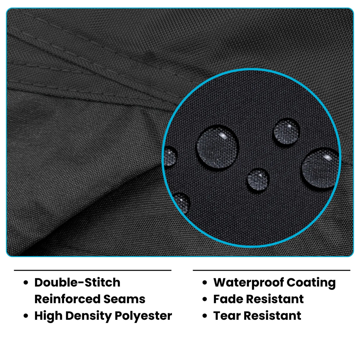 Black cover with double stitches and reinforced seams. Close up of high-density durable polyester with waterproof coating and fade and tear resistance.